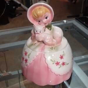 Vintage Ceramic Girl with Cat Figurine - Pink and White